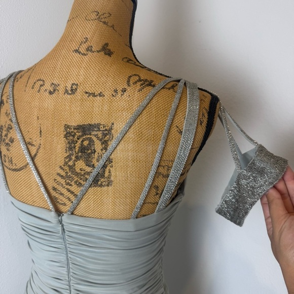 Mignon sage stretch Silver Ruched Rhinestone Strap Dress - Size 4 - Picture 7 of 7